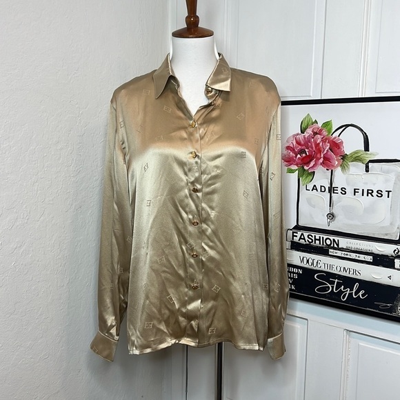Vintage Escada Gold Button Down Silk Blouse Size 40/10US